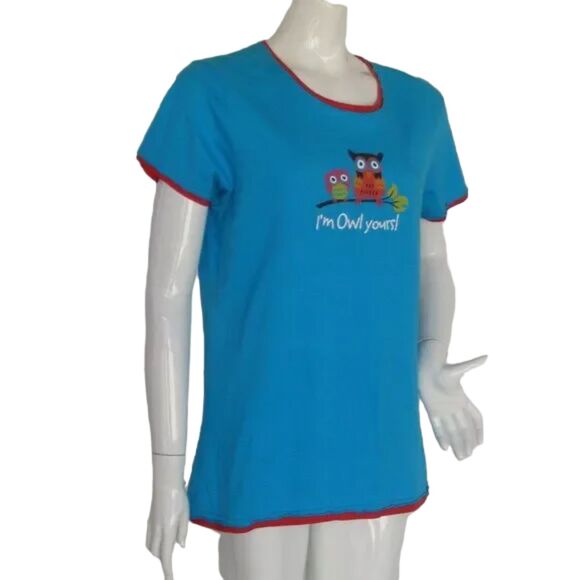 LAZY ONE Sleep Shirt, L, I'm OWL yours!, Blue, Red Ringer trim, Birds, Tree limb - Picture 3 of 9